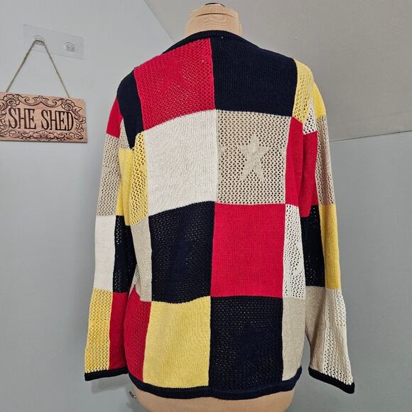 Breckenridge Americana Patriotic Red Blue Color Block Button Front Cardigan L - Picture 3 of 11